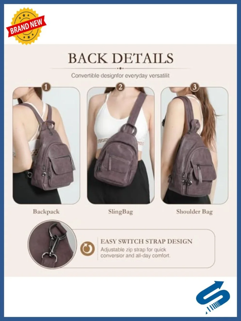 Women's Convertible Sling Backpack Purse, Soft Faux Leather, 3-Way Carry,